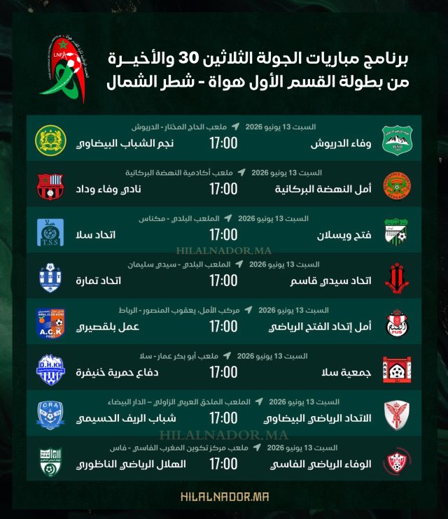 برنامج مباريات الجولة الثلاثين 30 والأخيـرة من بطولة القسم الأول هواة - شطر الشمال