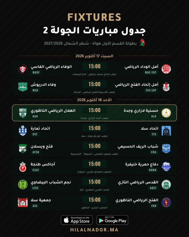 برنامج مباريات الجولة 2 من بطولة القسم الأول هواة - شطر الشمال