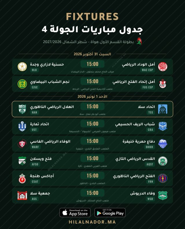 برنامج مباريات الجولة الرابعة 4 من بطولة القسم الأول هواة - شطر الشمال